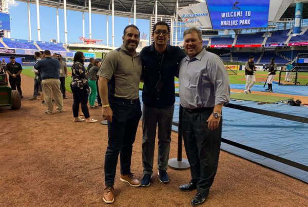 Dave with alumni Manny Colon and STU baseball coach Jorge Perez at the iHeart Media Client Appreciation Event - Marlins Stadium 3/27/2019