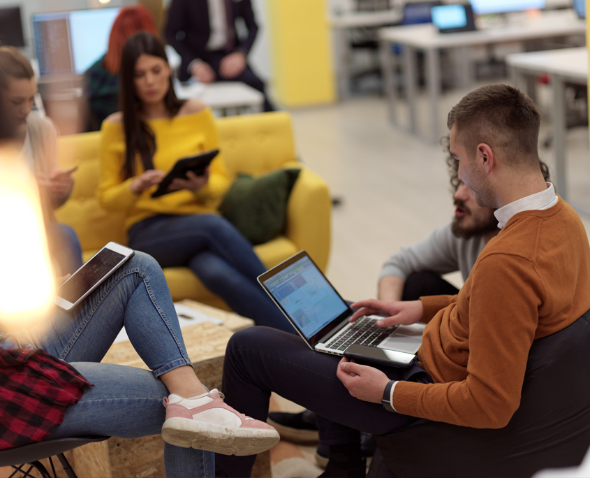 Marketing team going over team goals