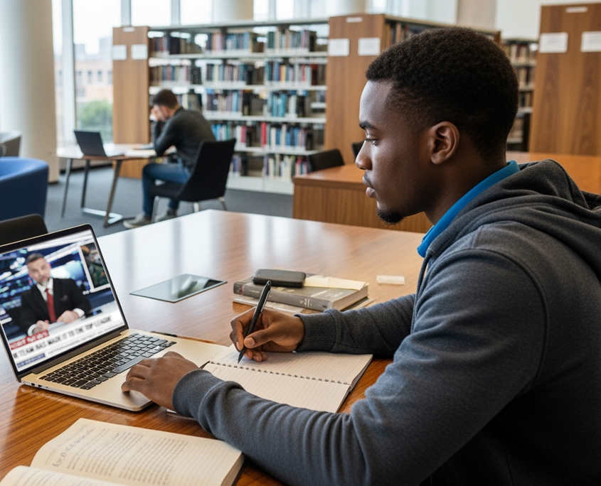 Young man studying sports administration in college library