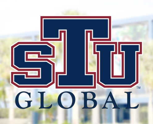 STU Global logo with blurred campus background